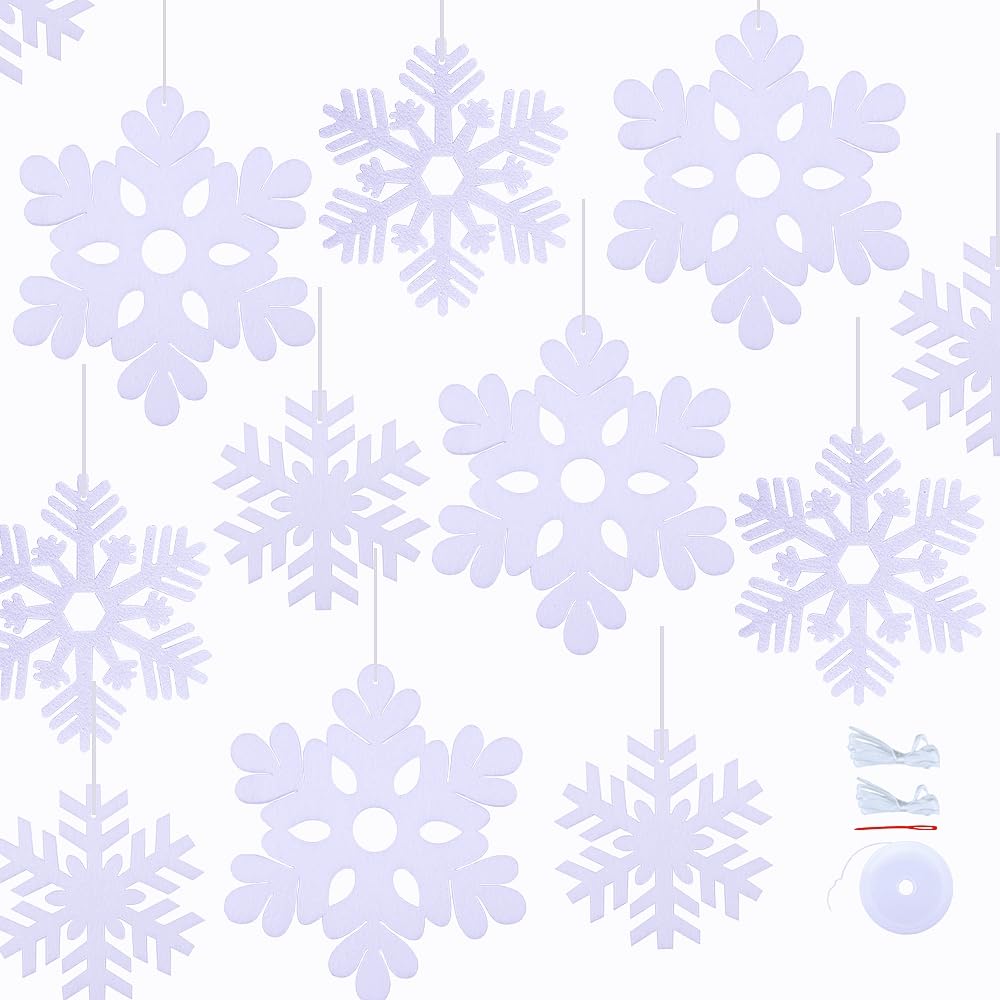SaktopDeco 40 Stück weiße Schneeflocken Ornamente Filz hängende Schneeflocken Dekorationen für den Außenbereich Weihnachtsbaum Winter Party Dekorationen