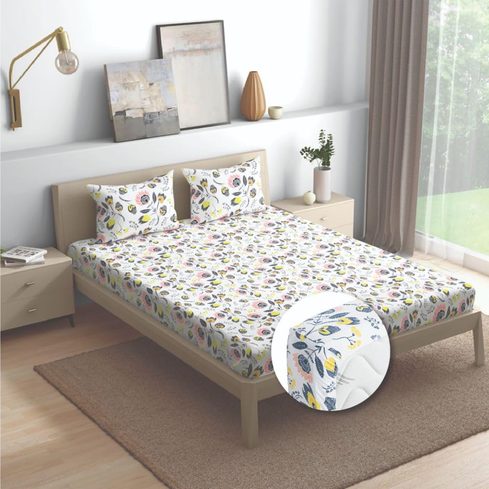 Wakefit Cotton Fitted Bedsheet | 200 TC Elastic Fitted Sheet, Queen Bed Bedsheet with 2 Pillow Covers | Oasis Rosa - 78x60 inches