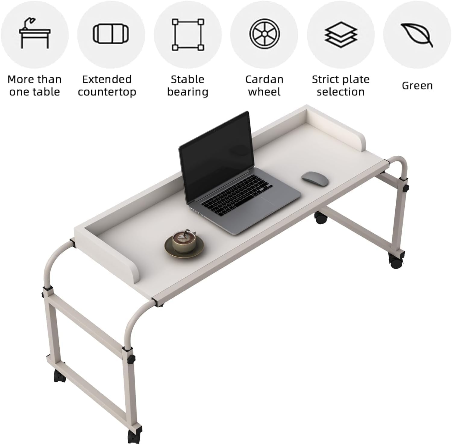 Table de lit réglable en hauteur avec roulettes, 120 à 210 cm, bureau mobile sur lit, canapé ou bureau, support réglable de 65 à 95 cm, chariot mobile pour ordinateur portable, bureau