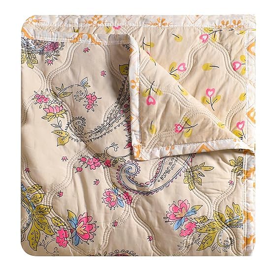 Image of Dohar Single | Double Bed 100% Cotton Blankets for Summer 90x100inch, 150GSM Ac Comforter and Cooling for Summer Classic Printed Design Quilt Ideal for Gifting (Cream Color Curry, Single)
