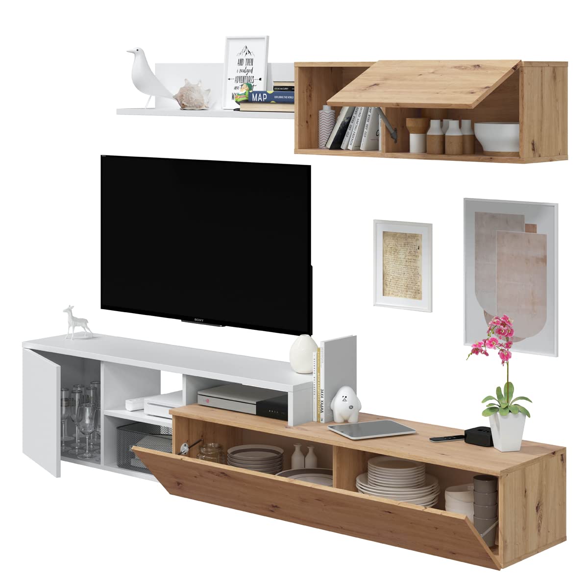MarinelliGroup Parete attrezzata soggiorno moderna mobile TV pensile mensola sala pranzo salotto ROVERE NODI BIANCO 220 X 40 X 44 016647W