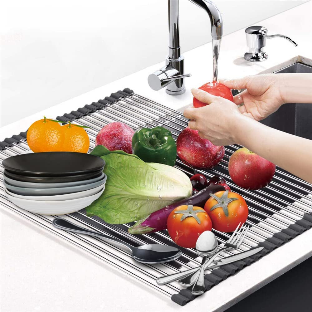 SCILLA Foldable Drain Rack Kitchen Sink Shelf Stainless Steel Multi Function Roll Up Dish Drying Folding Wash Drainer Tray Steel Roll-Up Crockery Vegetable Utensils Rack, Fruit Stand(Multicolor)