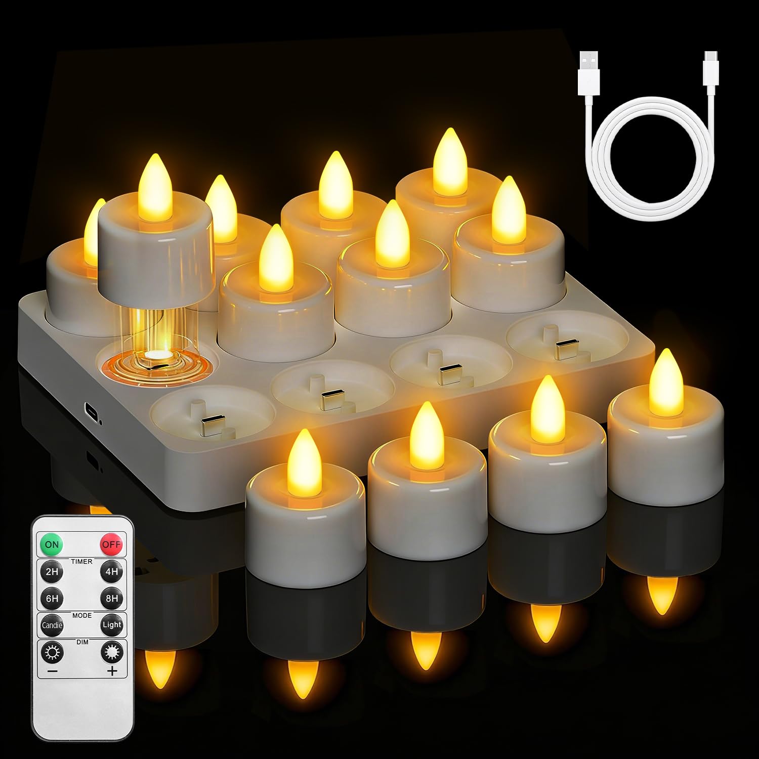 Lepwings 12 Stück LED Teelichter Wiederaufladbar mit Timer & Fernbedienung, Flackernde Elektrische Teelichter mit Ladestation, 18–48 Std Leuchtdauer, LED Kerzen für Valentinstag, Tischdeko & Party