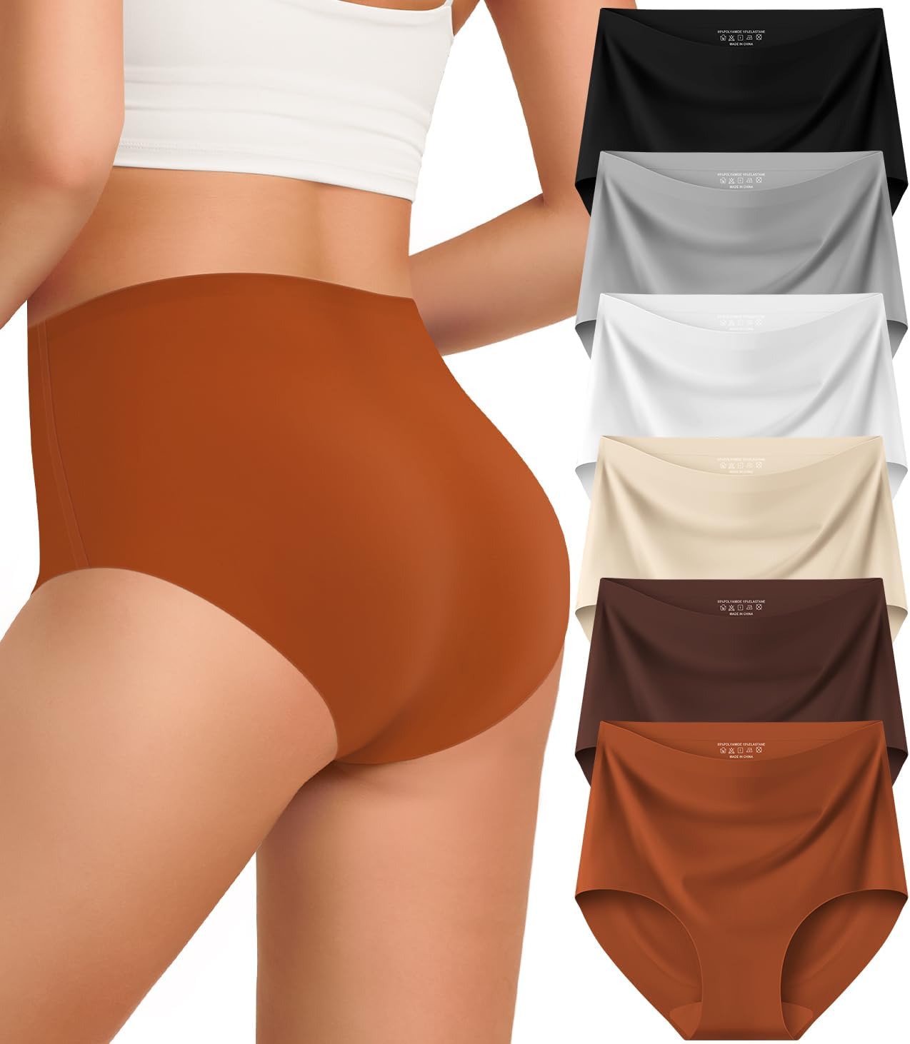 Kalapa Womens Underwear Seamless Full Coverage Breathable Briefs No Show Silky Stretch High Waisted Ladies Panties 6 Pack