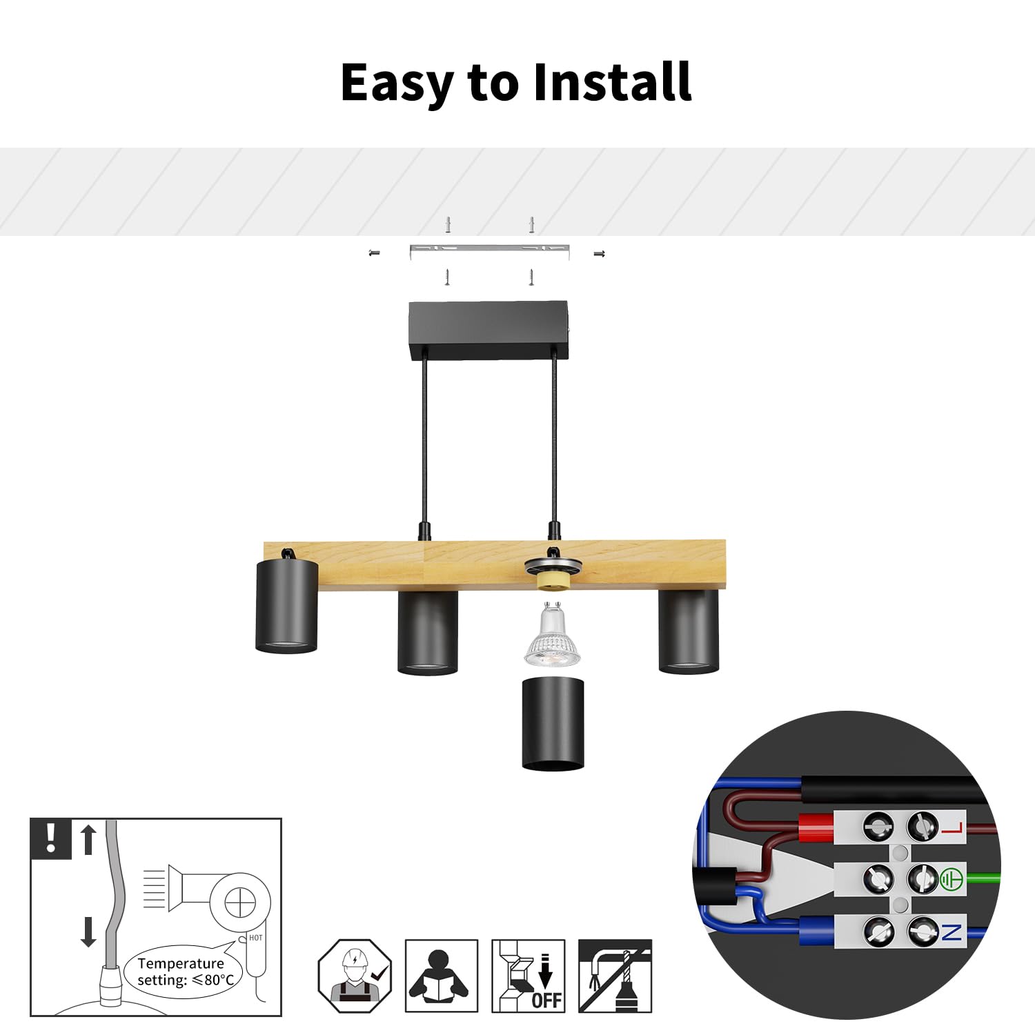 LVWIT Czarne lampy wiszące, lampy wyspowe do kuchni GU10, drewniane lampy sufitowe, lampa sufitowa do jadalni z 4 podstawami, salonu, sypialni, przedpokoju (bez żarówek)