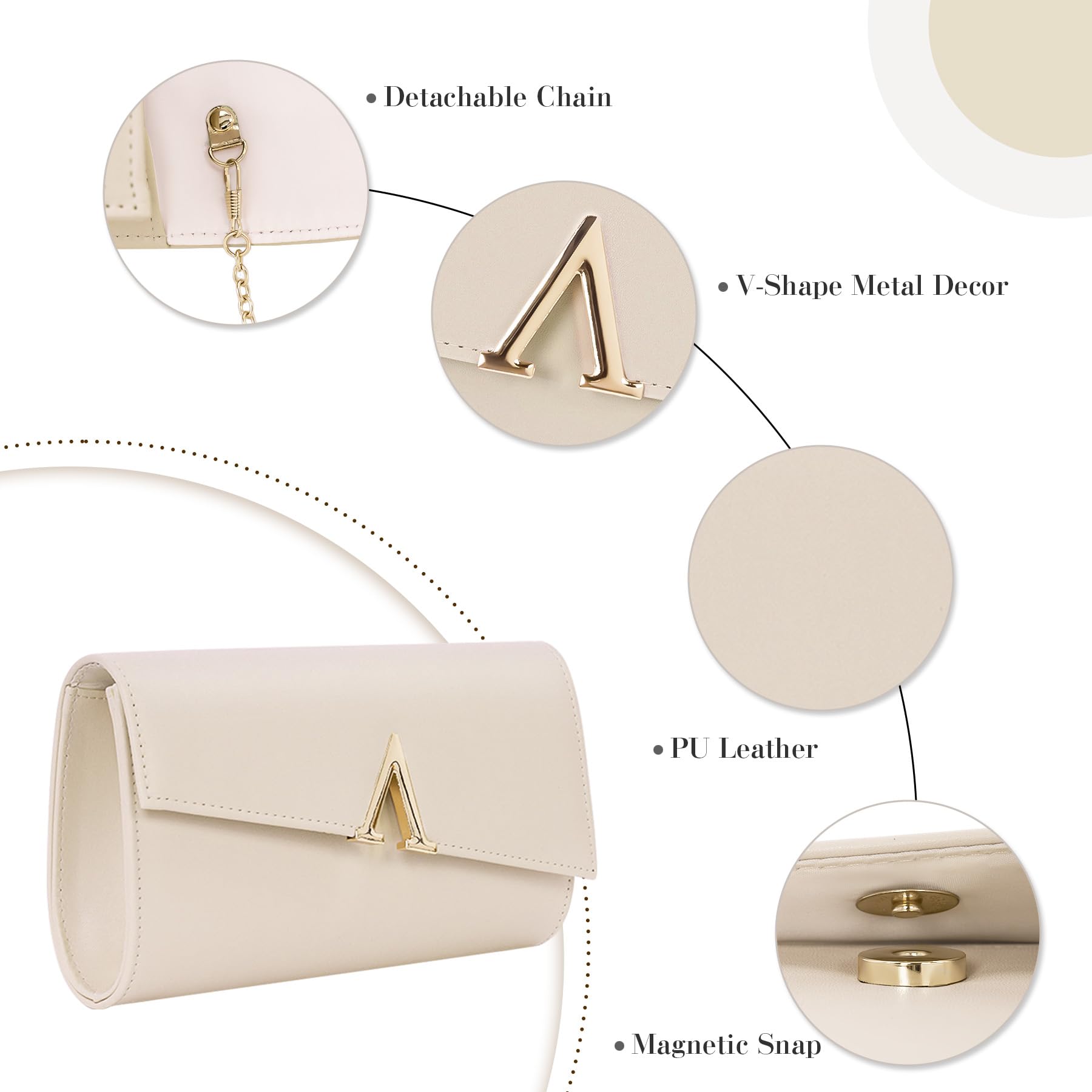 Larcenciel Pochettes et Clutches Femme Nude, Pochette Soiree Femme Élégant en Cuir PU Végétalien avec Chaîne, Sac a Main Crème à la Mode pour Mariage, Fete, Boule, Cocktail, Cérémonie 23x5x13CM