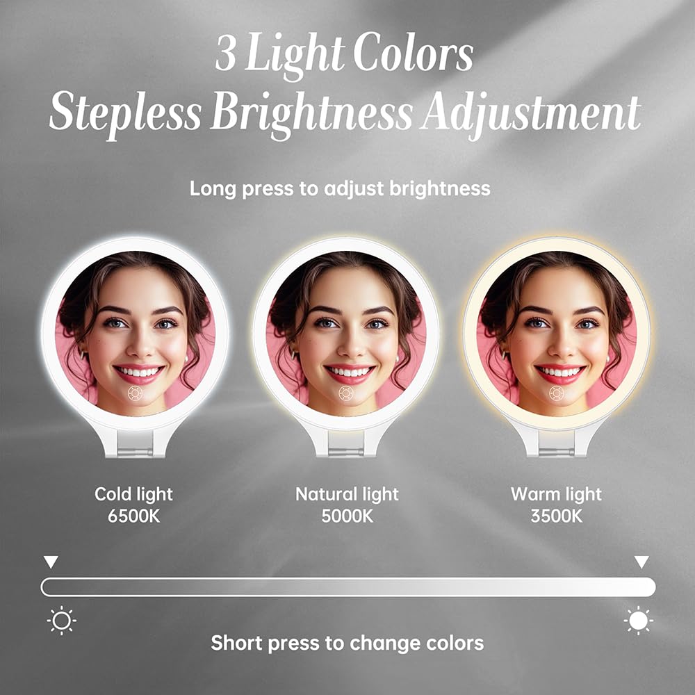Luxspire Magnifying Mirror with Light, 10X / 1X Double Sided Makeup Mirror, Portable Travel Makeup Mirror with 3 Color Lights and Magnification, Foldable Handheld Lighted Mirror, White