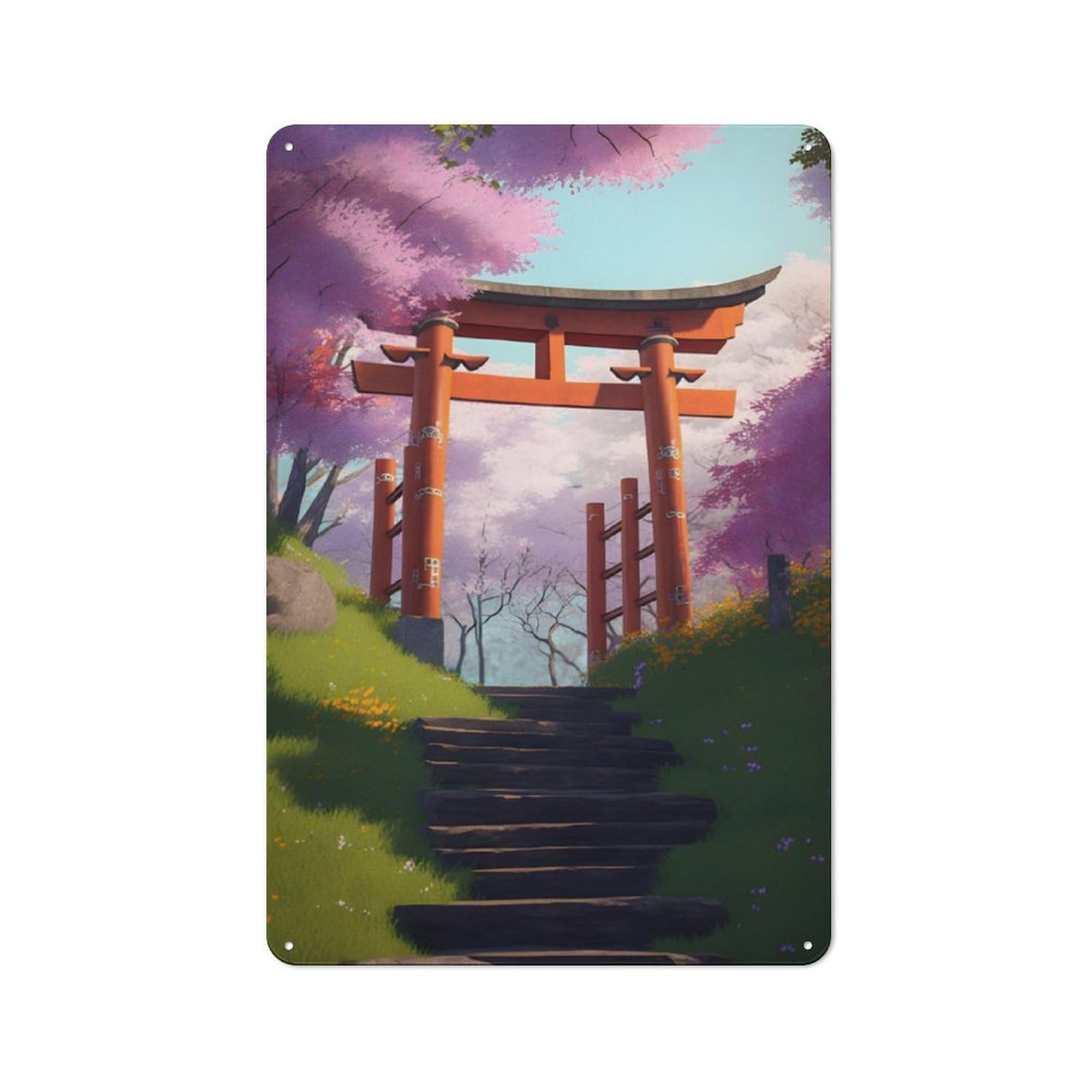 Junmoney Torii Gate In Spring Rustic Tin Sign 30X20cm For Café Or Restaurant, A Decorative Christmas Gift For Hospitality Interior Collectors