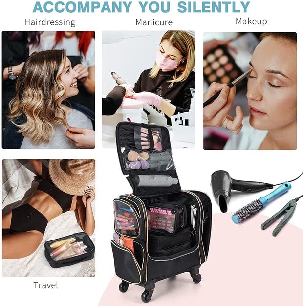 Image of Adson Multifunctional Professional Beauty Makeup Artist Rolling Cosmetic Aluminium Vanity Trolley Beauty Train case Makeup Cosmetic Trolley Hairstylist Travel Organizer (Nylon Jet Black)