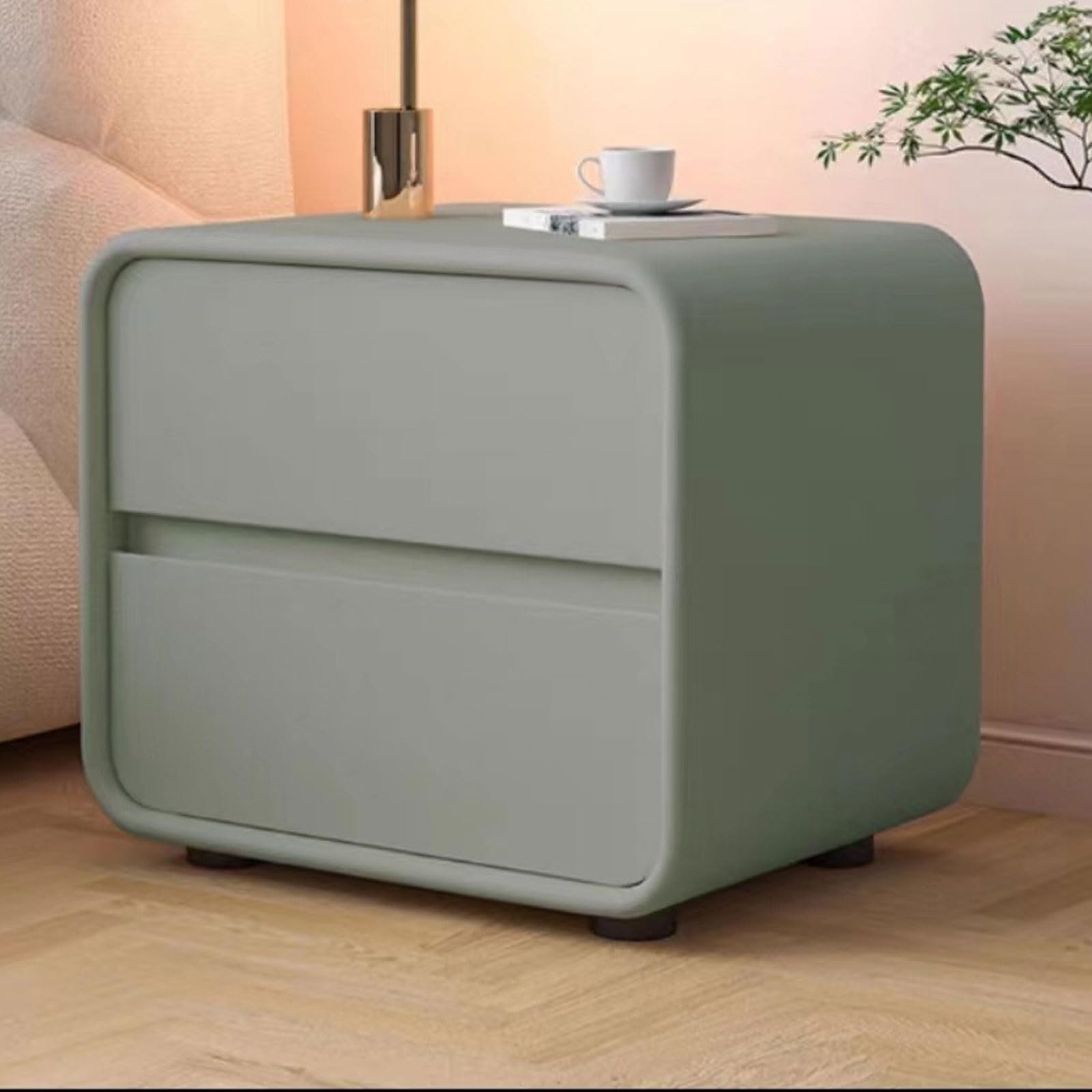 SXZenSpace Modern Solid Wood Bedside Table, Cream & Green Storage Cabinet, Simple Bedroom Furniture, Stylish Nightstand, 40x40x48cm, Perfect for Home Decor