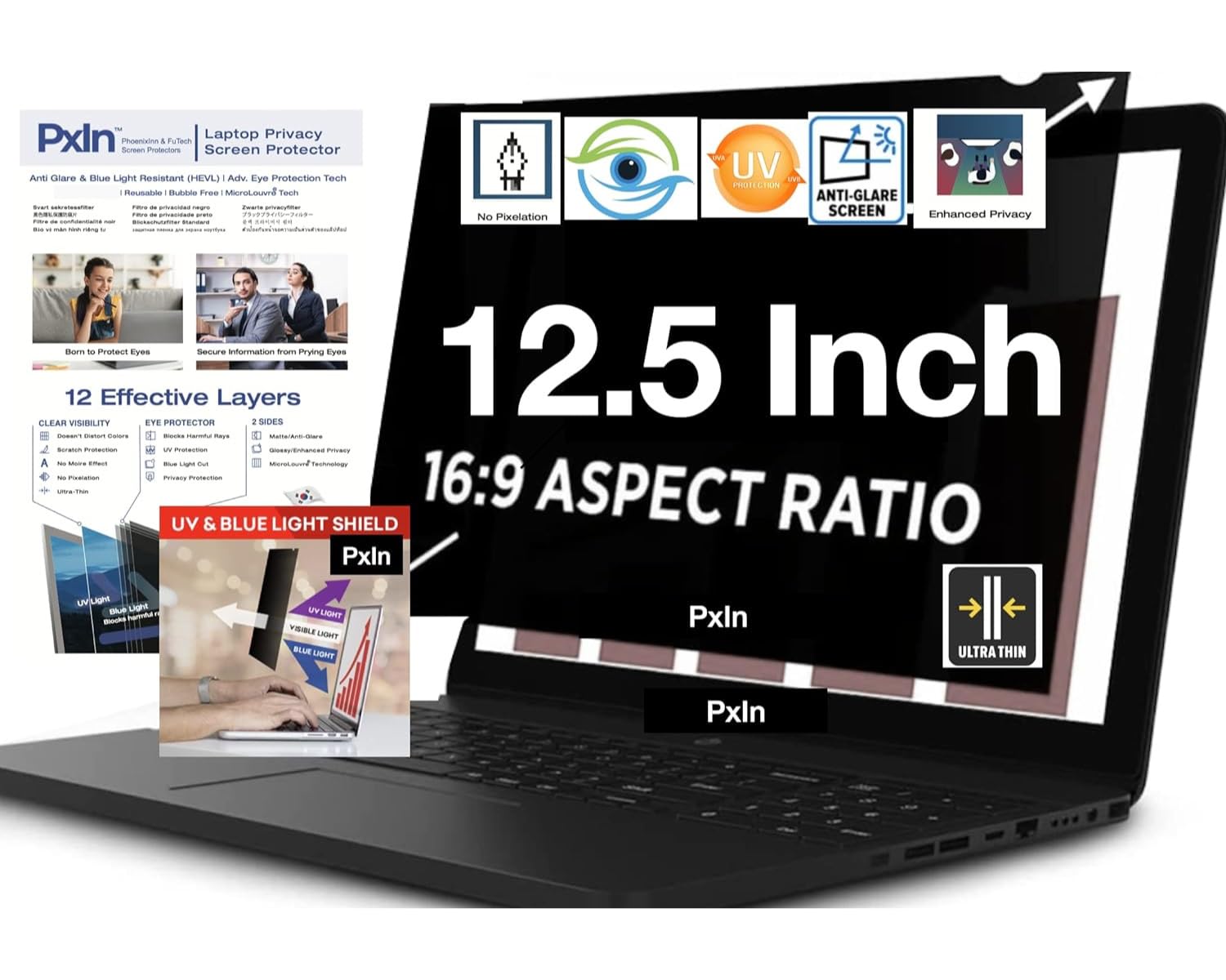 PxIn 12.5 Inch Privacy Screen Filter - No Eye Strain | Anti Blue Light + Anti Glare | No Dry Eyes | Privacy Screen Protector (B09CLQJGQS) Amazon Price History, Amazon Price Tracker