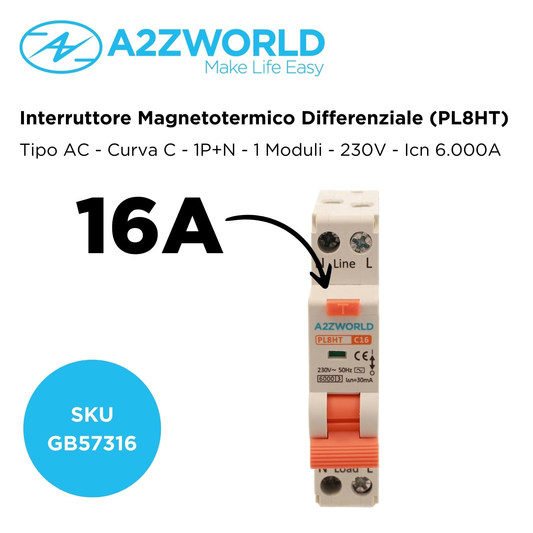 2 Pezzi Interruttore Magnetotermico Differenziale, RCBO 1P+N C16 16A, Tipo AC Curva C 30mA 6000A, Salvavita Slim Da 1 Modulo DIN, 2 Poli 220V