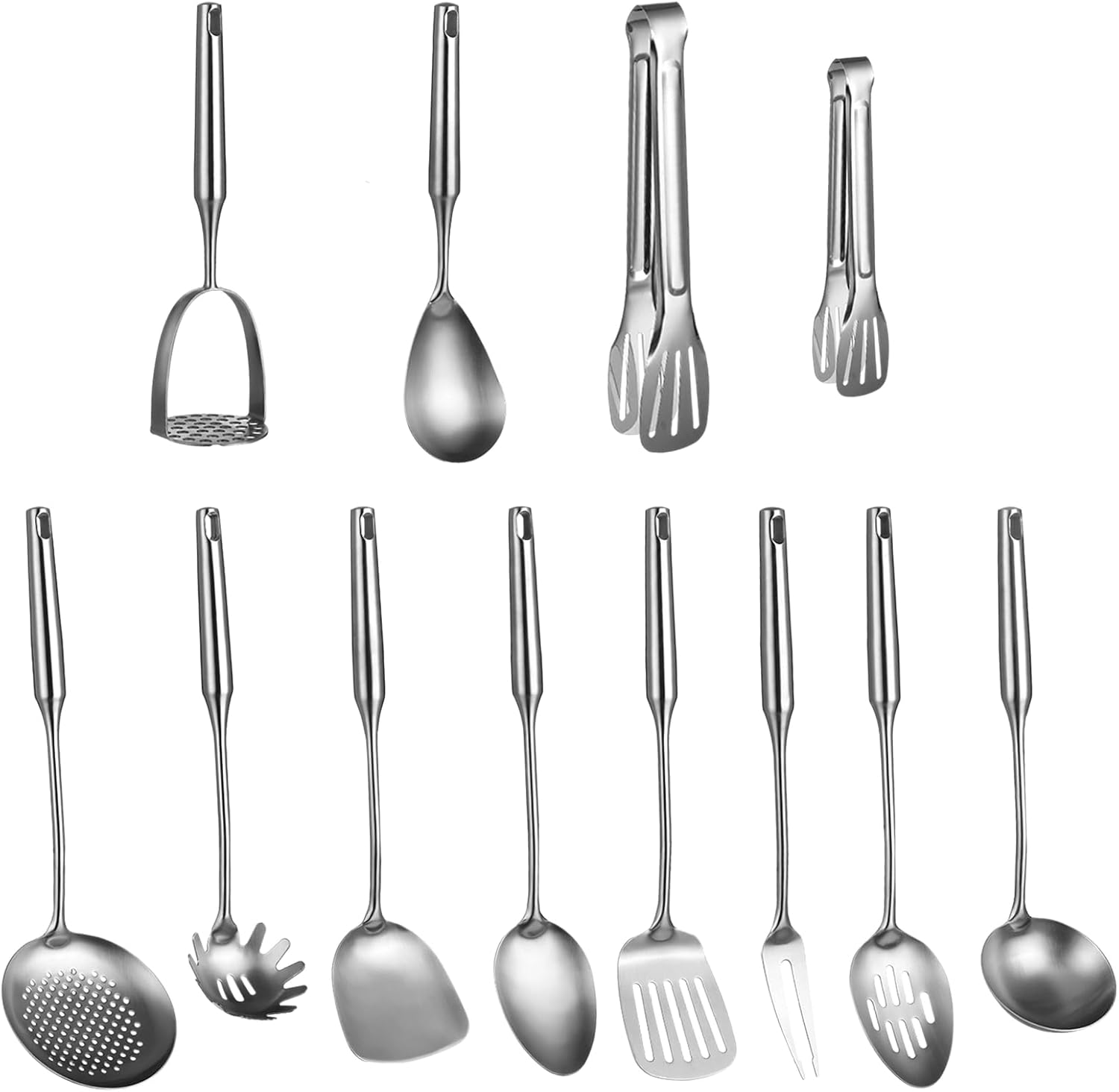 304 Stainless Steel Utensils Set, 12 Pcs Kitchen Cooking Utensils, Metal Kitchen Tool Set with Hollow Handles, Includes Spatula, Ladle, Skimmer, Potato Masher, Tongs, Spoon