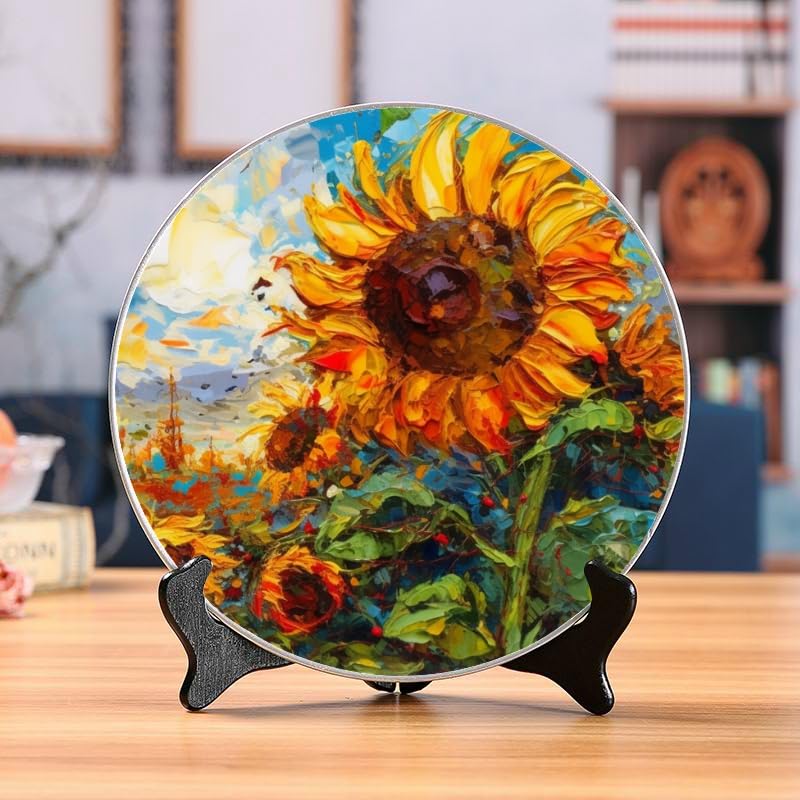 DNOVING Sunflower and Daisy Ceramic 10-inch Decorative Plate for Home & Office, with Stand & Hook DP-500534644