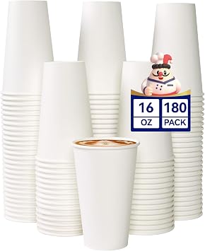 JOLLY CHEF 16 oz Paper Coffee Cups, White Drinking Paper Cups 180 Count