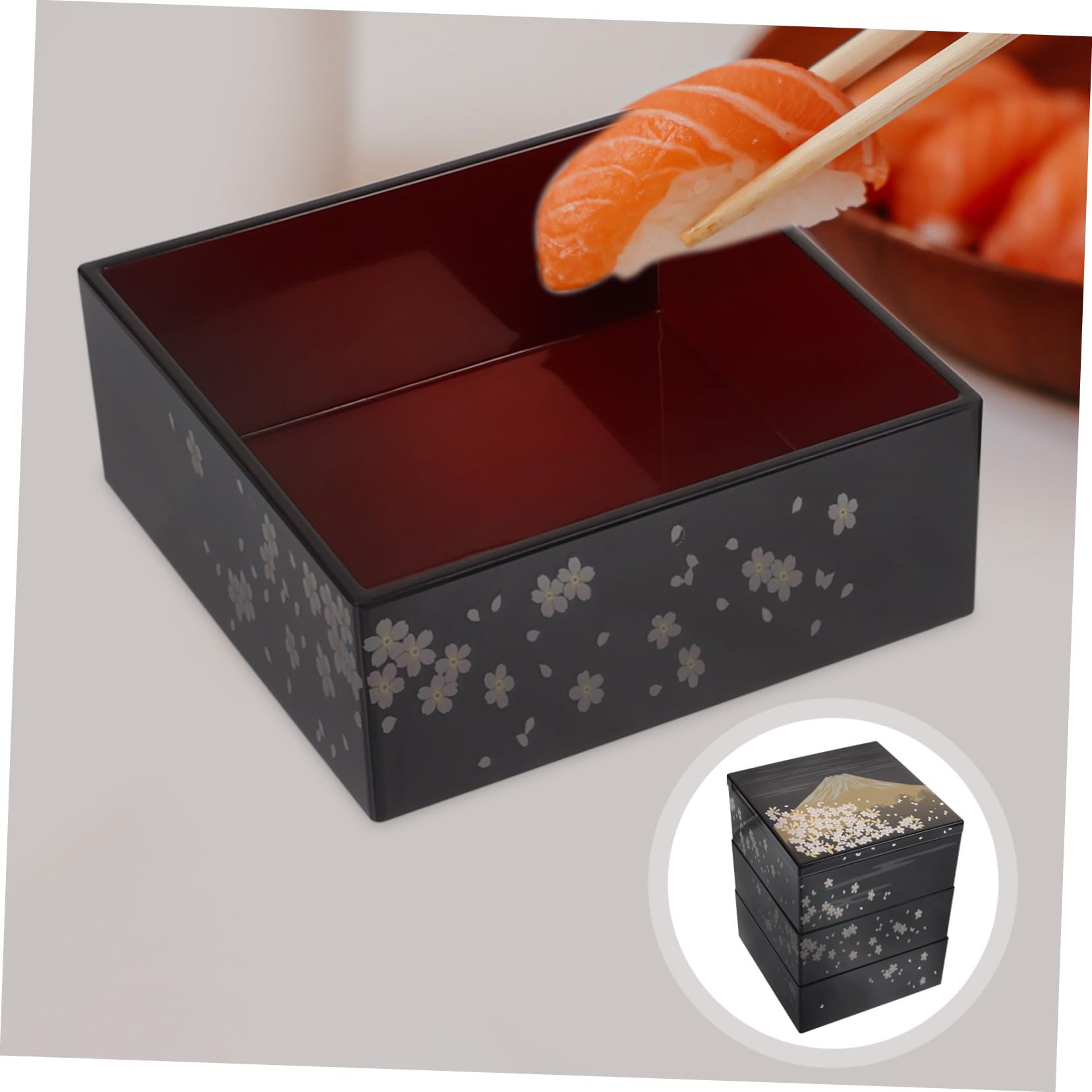 Alipis Scatola Bento Giapponese per Sushi 3 Strati in Plastica Nero, Design Tradizionale Monte Fuji, Multifunzione e Sicura per Uso Quotidiano in Famiglia