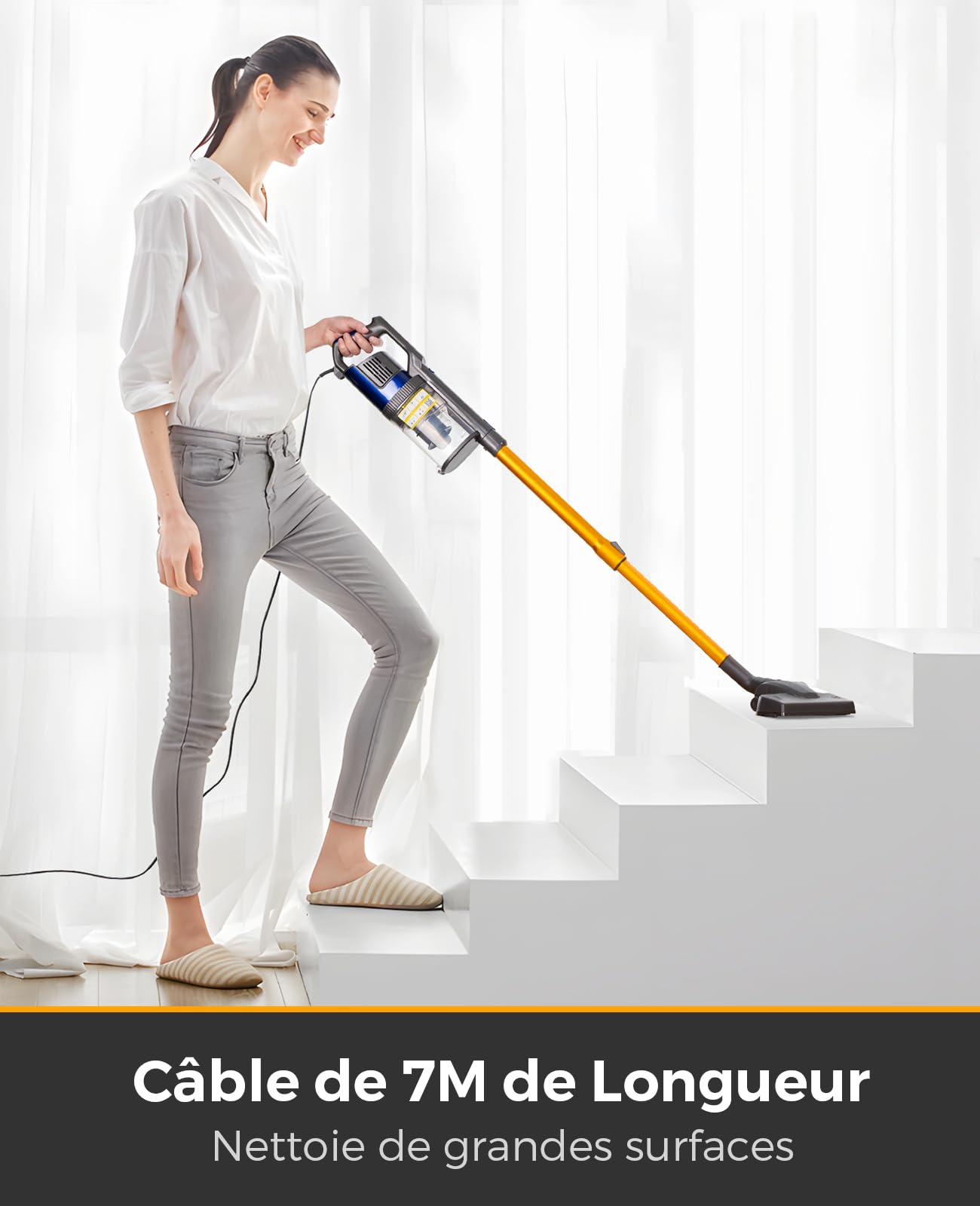 VACTechPro 60KPa/600W/7M Aspirateur, Aspirateur Balai avec Dépoussiéreur 800ML, Aspirateur Balai avec Fil avec Design à Double Poignée, Aspirateurs Balais et Balais Électriques pour Sols Durs, Orange