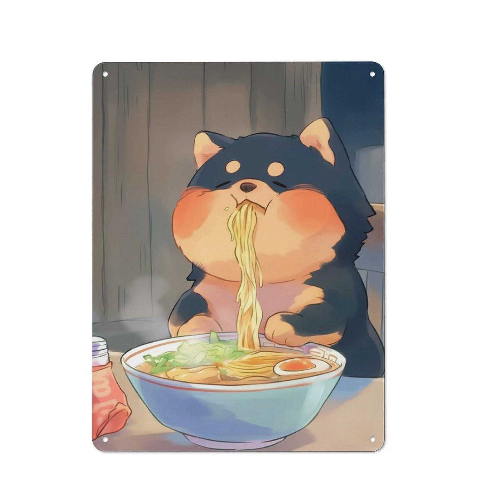 Junmoney Style-24 Tin Sign 40X30cm With Cute Dog Eating Ramen - Shiba Inu For Living Room Wall, Rustic Decor, For Living Room Decor Lovers