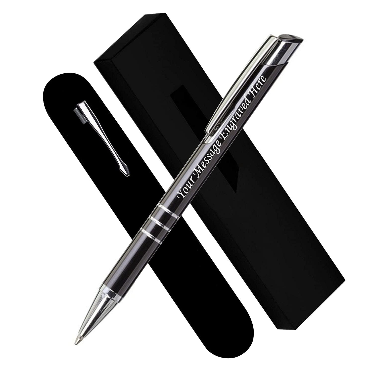 Paul Clover Personalised Engraved Blue Ink Ballpoint Pen with Medium Point - Refillable - Lacquered Aluminium Finish - Velvet Pouch, Gift Box & Black Refill - Great Gift for Men, Women - Graphite