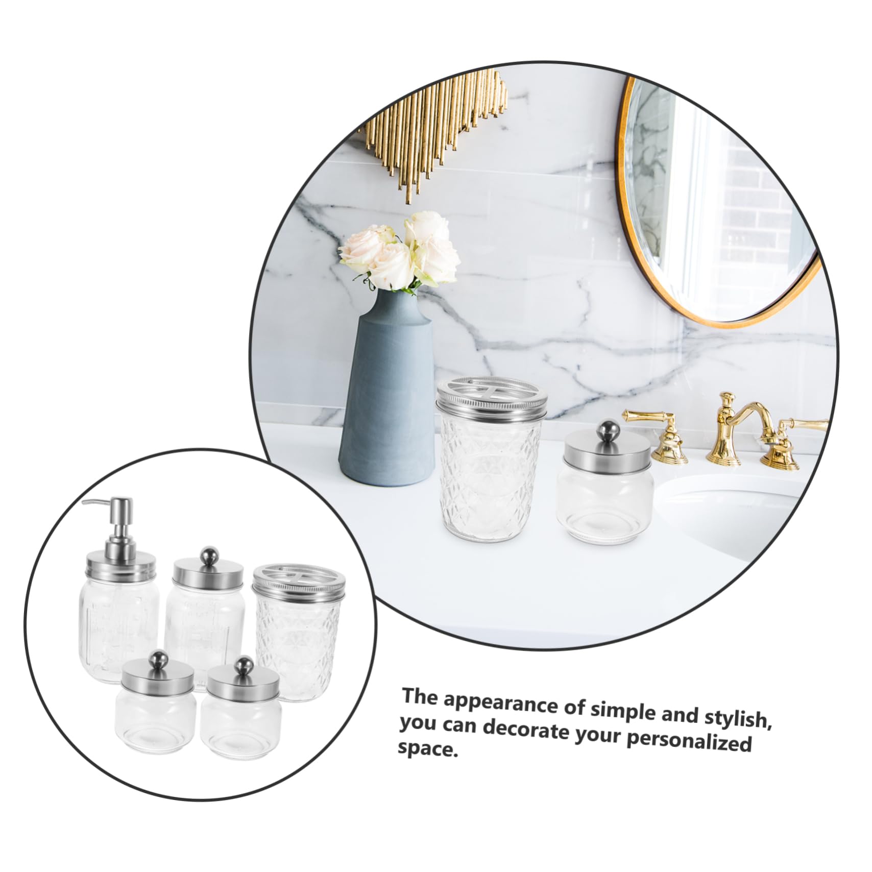 Yardenfun Juego de Baño Dispensador de Jabón Espumoso y Porta Cepillos de Dientes en Tarro de Vidrio Set de Accesorios para Baño 5 Piezas Diseño Rústico y Funcional