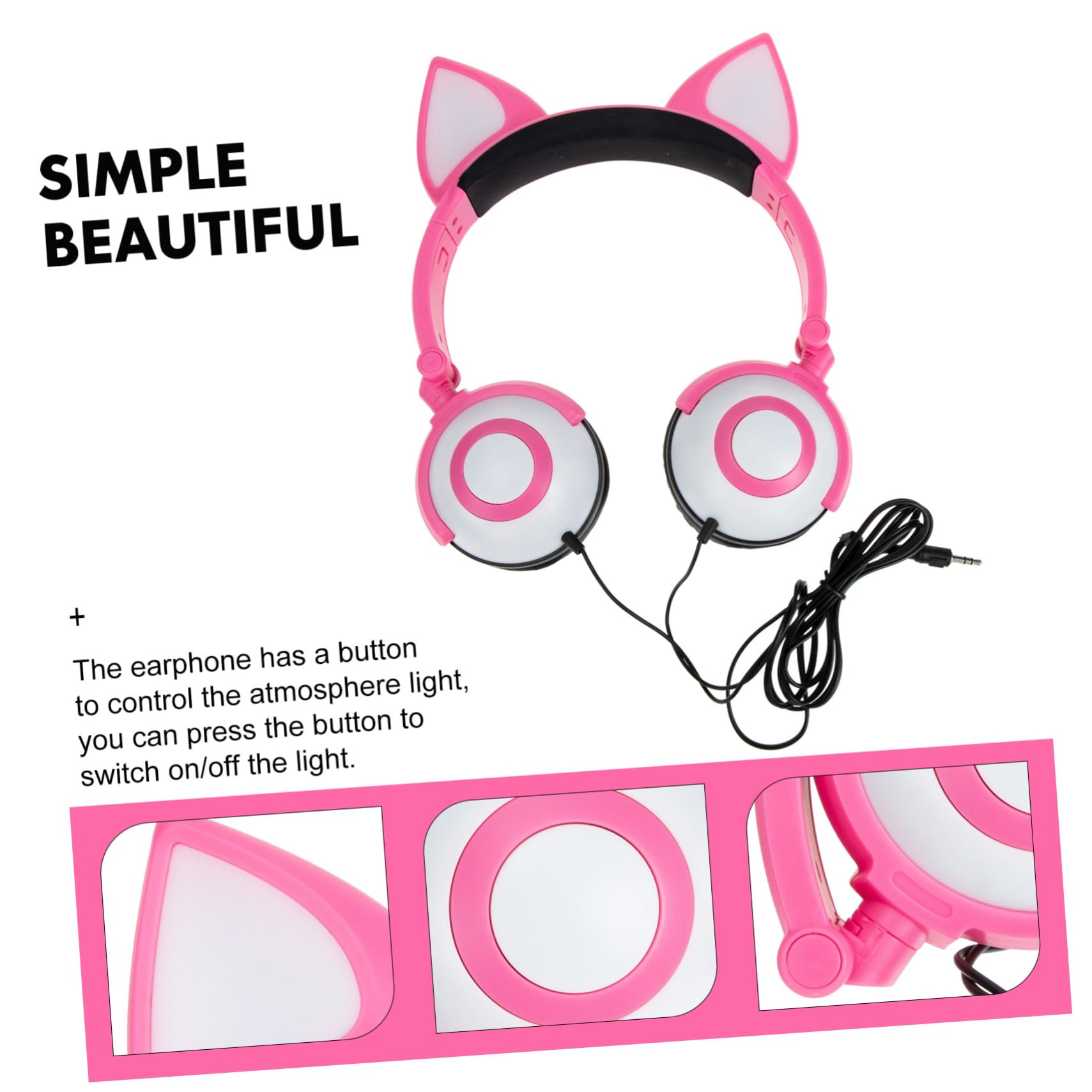 Cuffie per Bambini Orecchie da Gatto Rosa in Pvc Luce | Jack 3, 5mm, Spinotto Dritto e Driver da 40mm, Batteria a Bottone Inclusa