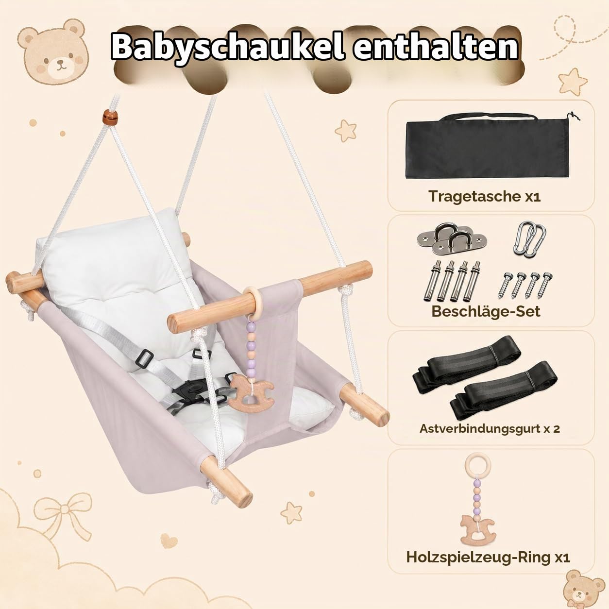 Babyschaukel Indoor 3 in 1,Hängeschaukelsitz aus Holz mit Sicherheitsgurt und Baumwollkissen, Einstellbar Baby Hängematte Schaukel, Kinderschaukel für Outdoor, Liegestuhl für Kinder, 6–36 Monate