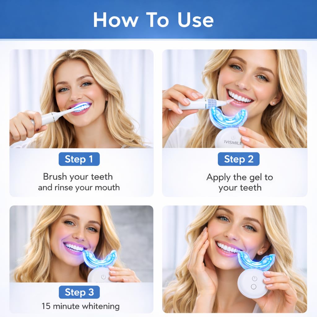 Kit Blanqueador Dental Profesional con Luz LED 32X – 3 Geles Blanqueadores para un Blanqueamiento Dental Rápido en Casa – Elimina Manchas y Recupera tu Sonrisa Blanca.