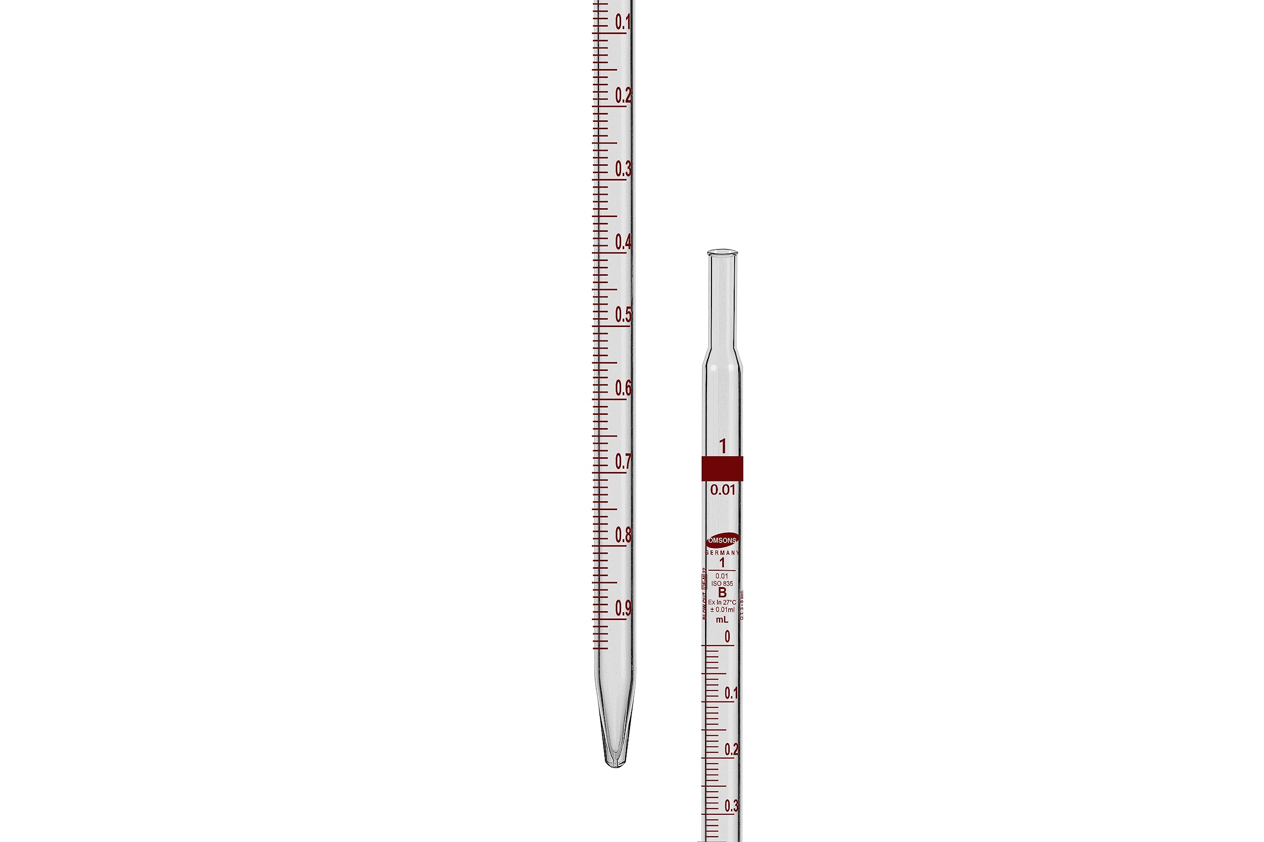 Omsons Glassware | Pipette | Graduated | Mohr | Class B | Capacity 1 ml | Graduation 0.01 ml | Tolerance +/- 0.01 ml | Pack of 10 |