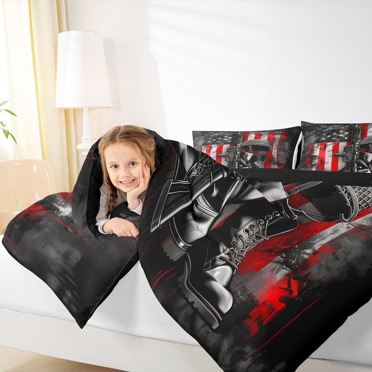 Erosebridal American Flag Comforter Set,Vintage Soldier Guns Bedding Set Black Grey Camo USA National Flag Comforter Retro Combat Boots and Hat Duvet Insert Queen 3Pcs, Independence Gifts