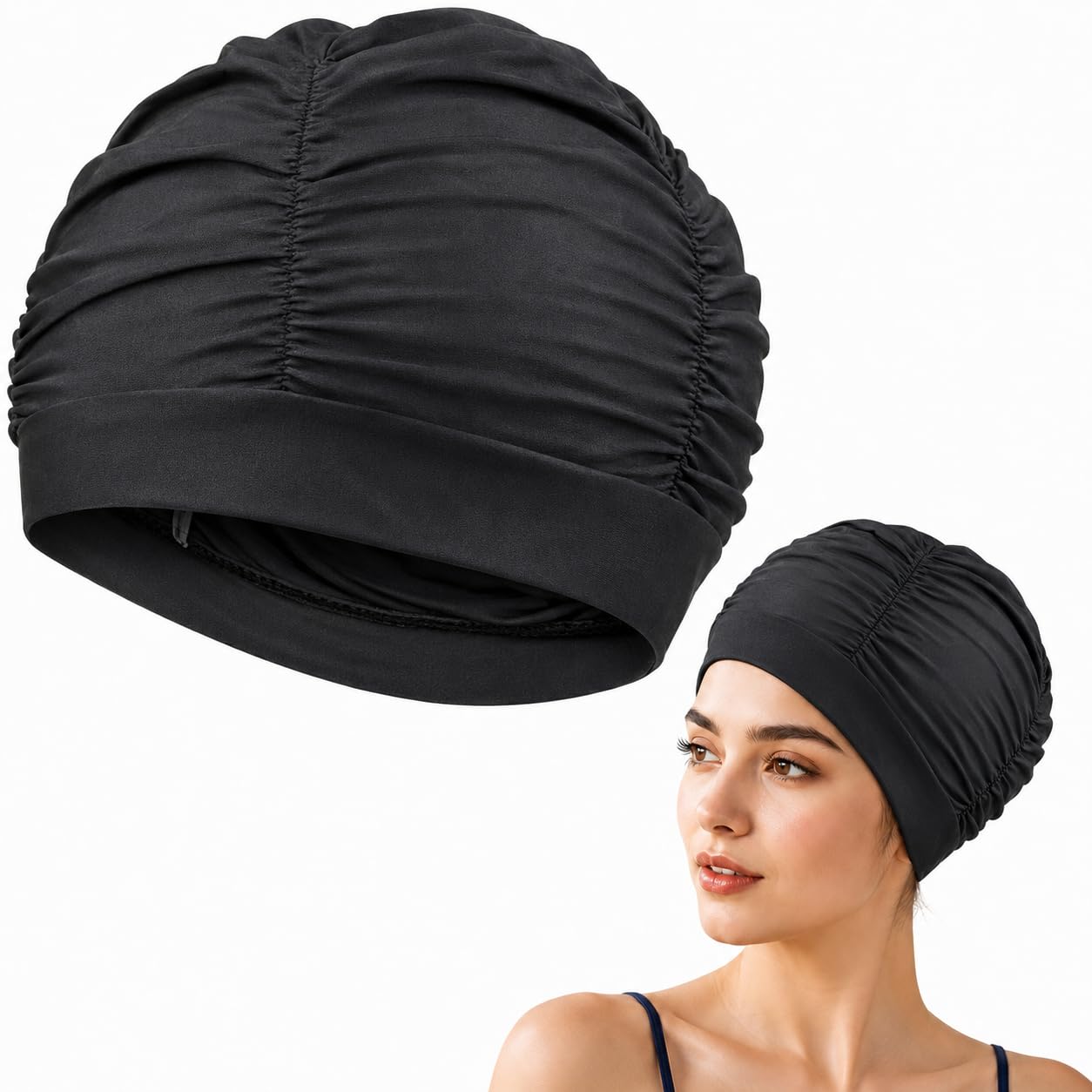 Bendjoy Black Swimming Cap for Women with Premium Nylon Fabric, Long Hair Protection and Hair & Ear Coverage, Comfortable Swimming Cap for Daily Swim, Pool Training, Water Sports and Long Hair Use-image-46