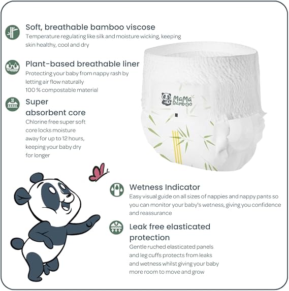 Mama Bamboo - Sustainable Bamboo Nappy Pants - Soft Breathable Bamboo Viscose - Super Absorbent Core - with Leak Free Elasticated Panels - Size 5 (12-18kg) - 20 Nappy Pants