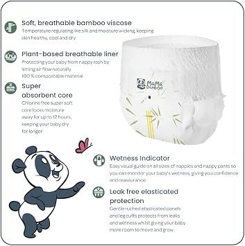 Mama Bamboo - Sustainable Bamboo Nappy Pants - Soft Breathable Bamboo Viscose - Super Absorbent Core - with Leak Free Elasticated Panels - Size 5 (12-18kg) - 20 Nappy Pants