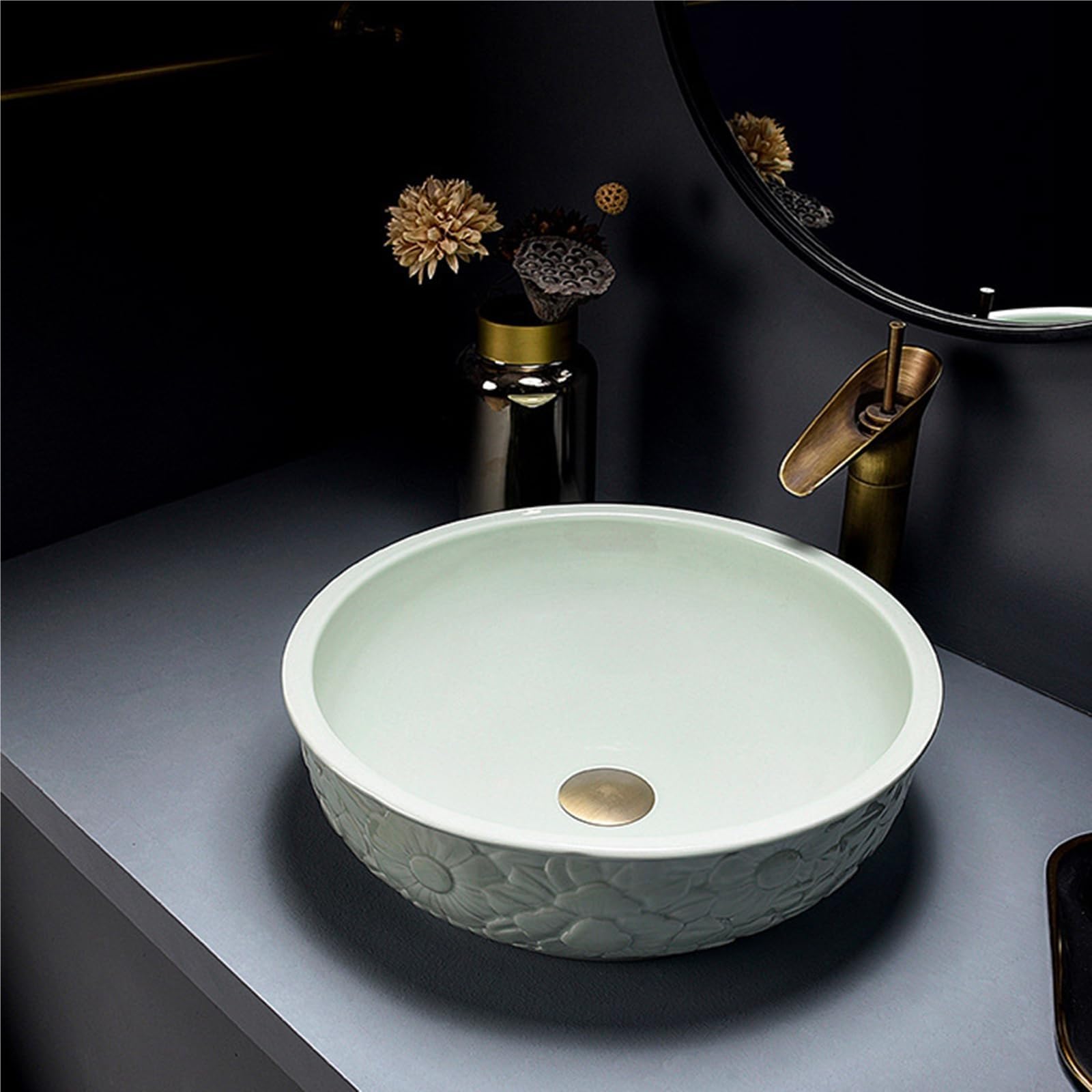 ASerZenith Bathroom Vessel Sink 16.1Inch With Faucets Combo Round Countertop Basin Sink Bowl Ceramic Vessel Washbasin For Lavatory Bathroom Art Basin, White