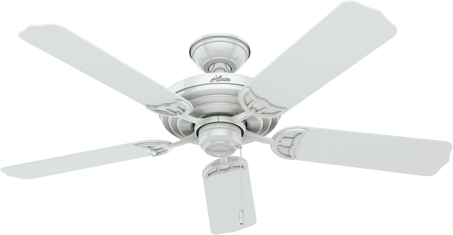 Hunter 52 inch Outdoor or Indoor Ceiling Fan No Light - White Ceiling Fan without Light, For Patio, Porch, Garage, or Living Room, Standard Mount, 5 Blades, Pull Chain - Sea Air 53054, White