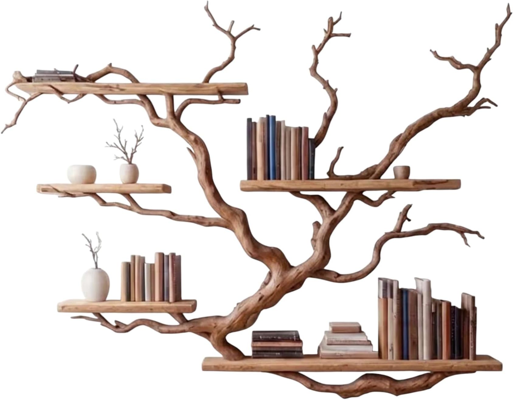 Tree Shaped Bookshelf Wall Mount – Rustic Wooden Bookcase Decor for Living Room, Handmade Solid Wood Tree Branch Floating Book Shelf for Living Room