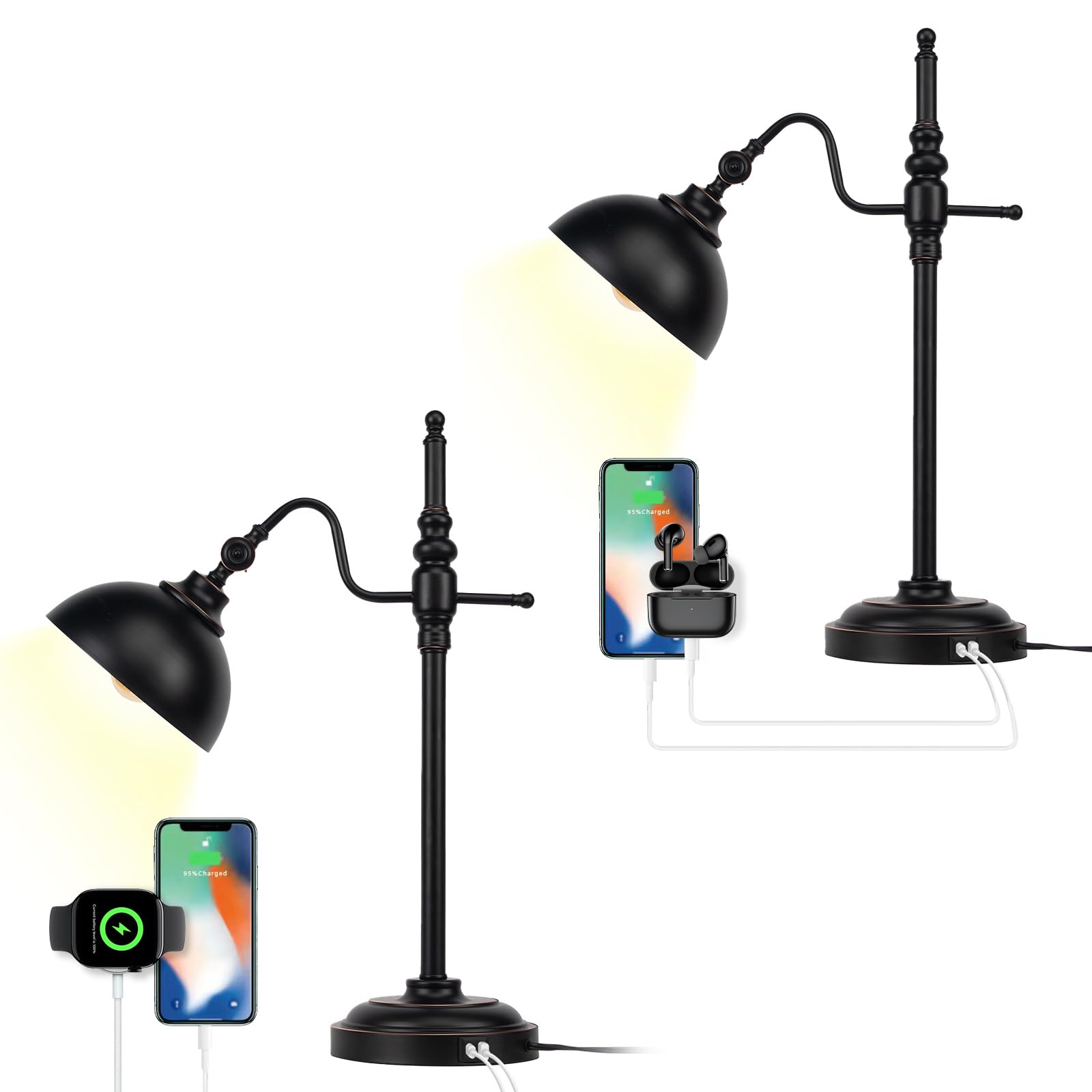 Schwarze Metall-Tischlampe im Retro-Stil mit USB-Anschluss, rundes Design im Industrial-Stil, geeignet für Wohnzimmer, Schlafzimmer und Büro (2er-Set)