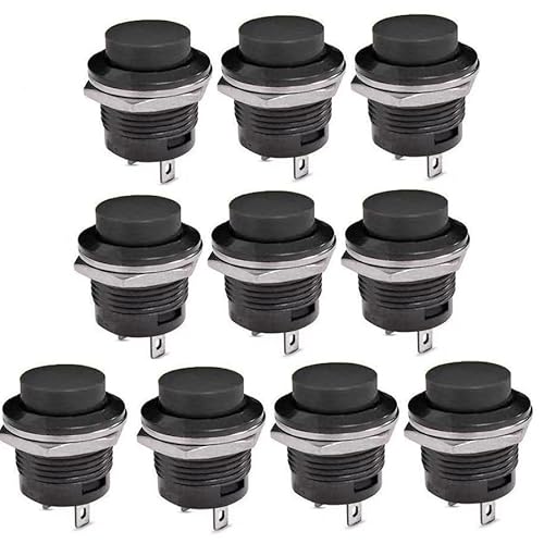 Switian Interrupteur à Bouton-Poussoir Momentané SPST 16mm - Lot de 10 Pièces 3A 250V AC avec Connecteur Laiton | Commutateur Électrique Durable (Noir)