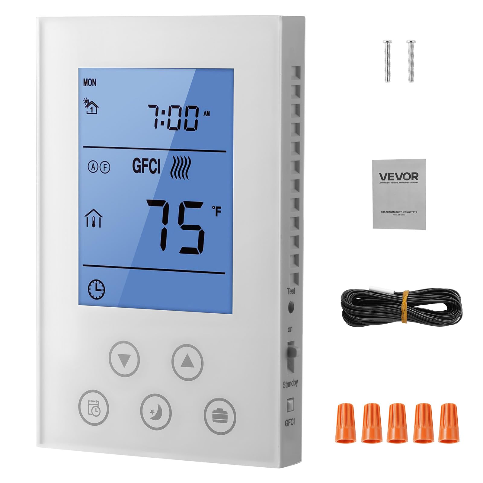 VEVOR 7-Day Programmable Thermostat White - for Radiant Underfloor Heating Cable &amp; Heat Pump, Built-in GFCI &amp; Sensitive Sensor, LED Backlit Screen, Energy-Efficient
