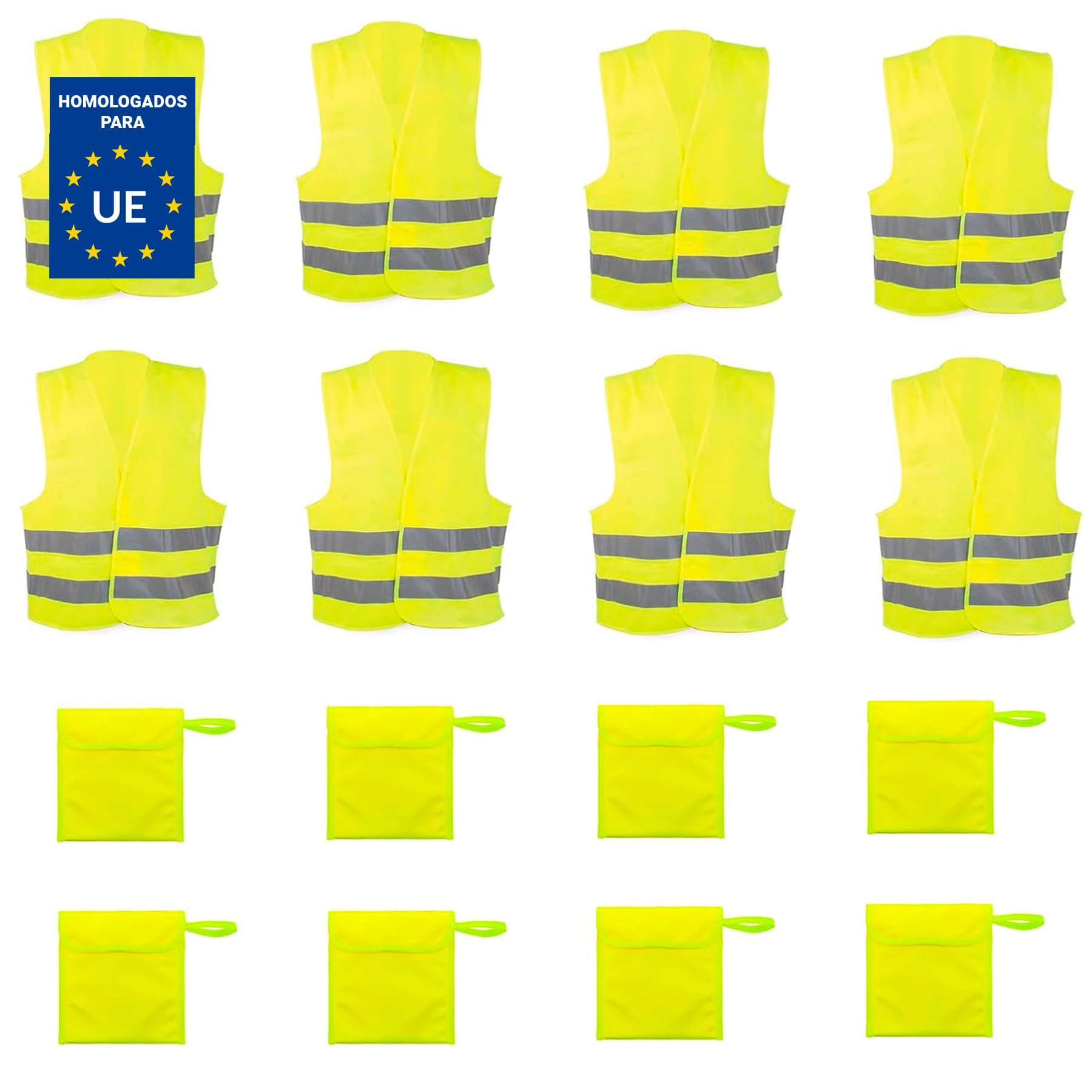 Adri 8 Chalecos Reflectantes de Seguridad, Poliéster, Unisex Adulto, Amarillo, Ajustable con Cierre de contacto, Homologado, con 8 Bolsas de Almacenamiento (8, Amarillo, Estandar)