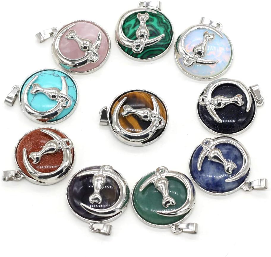 LE SKY 10 Pcs Natural Stone Pendants Round Shape Mixed Crystal Stone Alloy Cat Pattern for Jewelry Making Necklace - Image 2