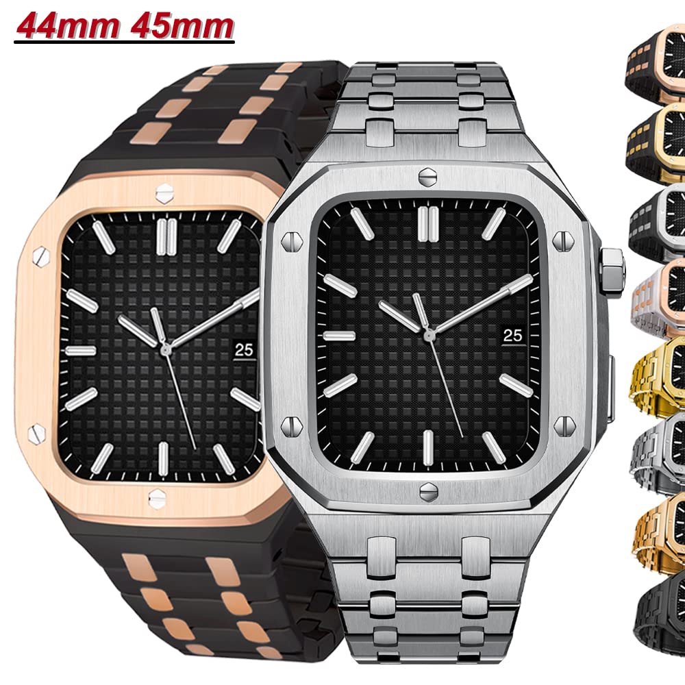 Luxuriöses Abdeckungs-Set für Apple Watch Serie SE 44, 45 mm, Edelstahl, Mod Kit Rahmen für iWatch 8, 7, 6, 5, 4, 45 mm, 44 mm, Modifikationsgehäuse