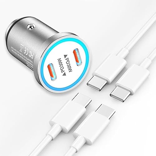 Certificado MFi Cargador rápido para iPhone 15, 60 W, compacto de doble puerto USB C, adaptador de cargador rápido para automóvil, todo de metal,