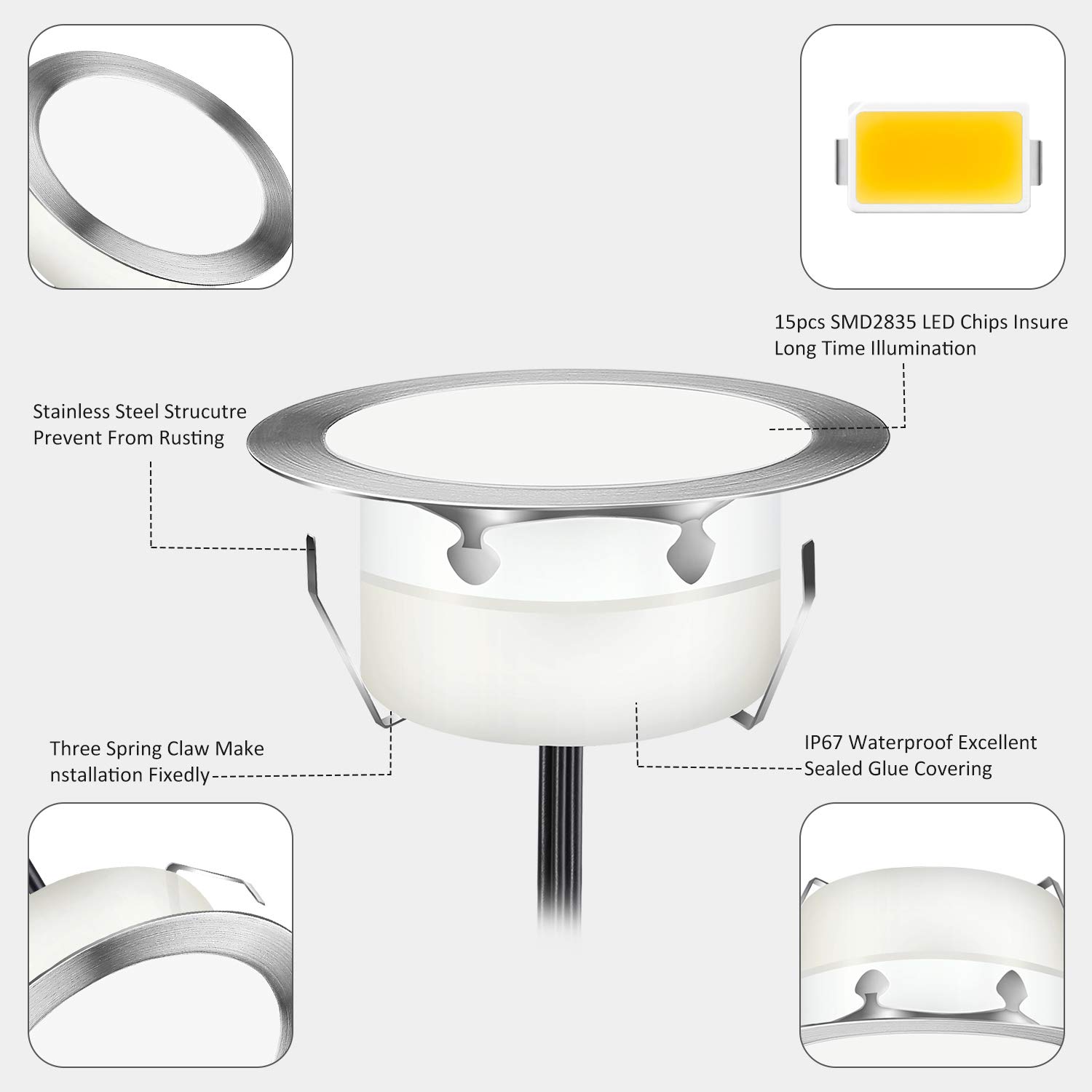10 LED-Einbauleuchten für Terrasse, 1,5 W, wasserdicht, IP67, LED-Spot, Außenlampe, für Garten, Treppe, Pool, Warmweiß