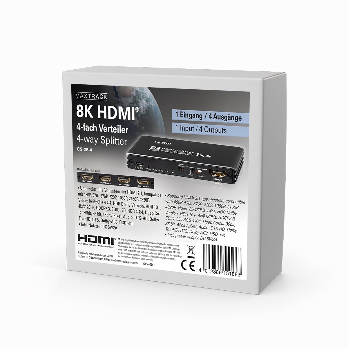 MAXTRACK Splitter HDMI 8K 1in4out - CS26-4L, switch HDMI con gestione intelligente EDID, 8K@60Hz, 4K@120Hz, HDR10+, Dolby TrueHD, Plug & Play, adattatore HDMI per 4 monitor o TV