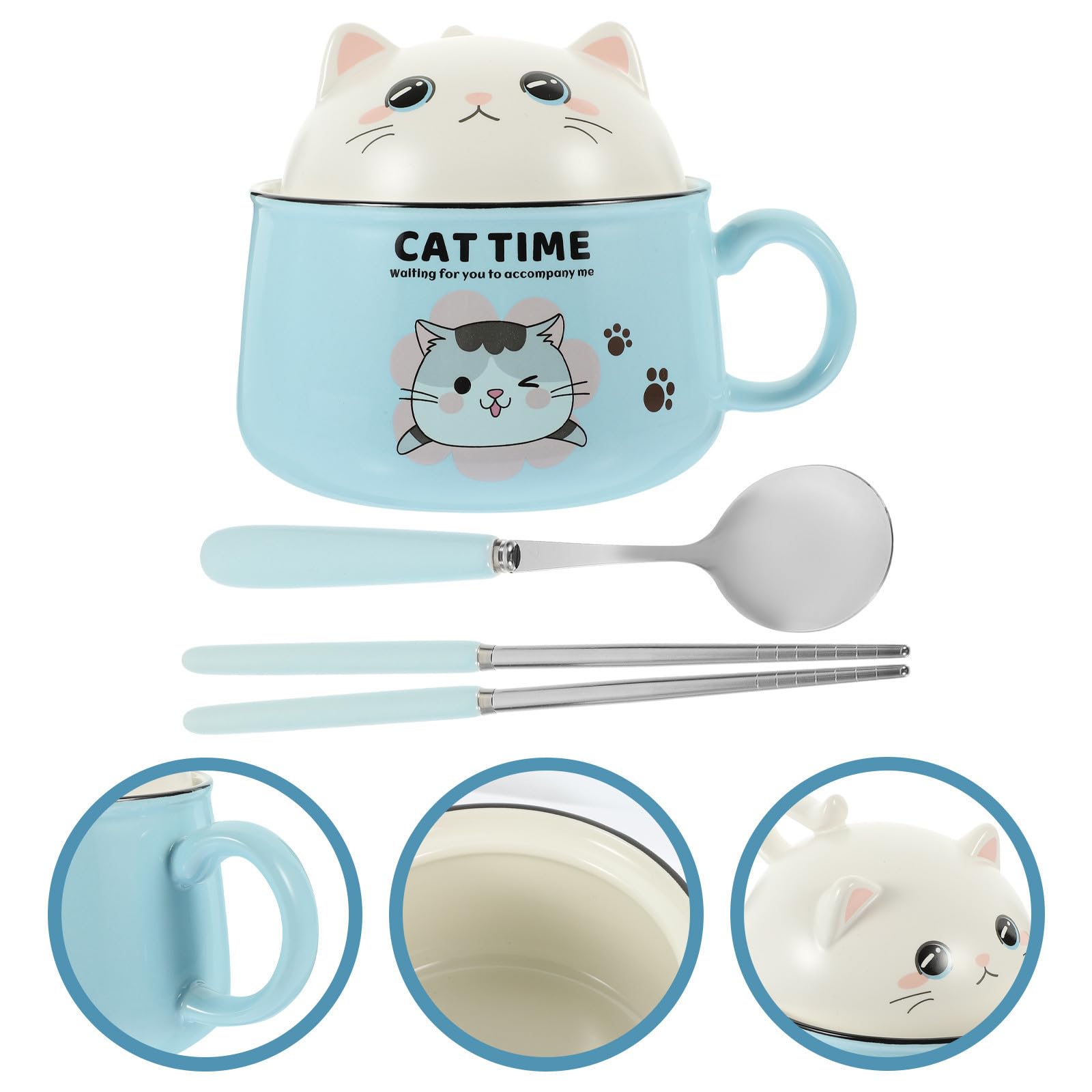 jojofuny Ramen Schüssel mit Cartoon Katzenmotiv 1020ml Keramik und Edelstahl mit Deckel und Essstäbchen für Instant Nudeln und Suppen