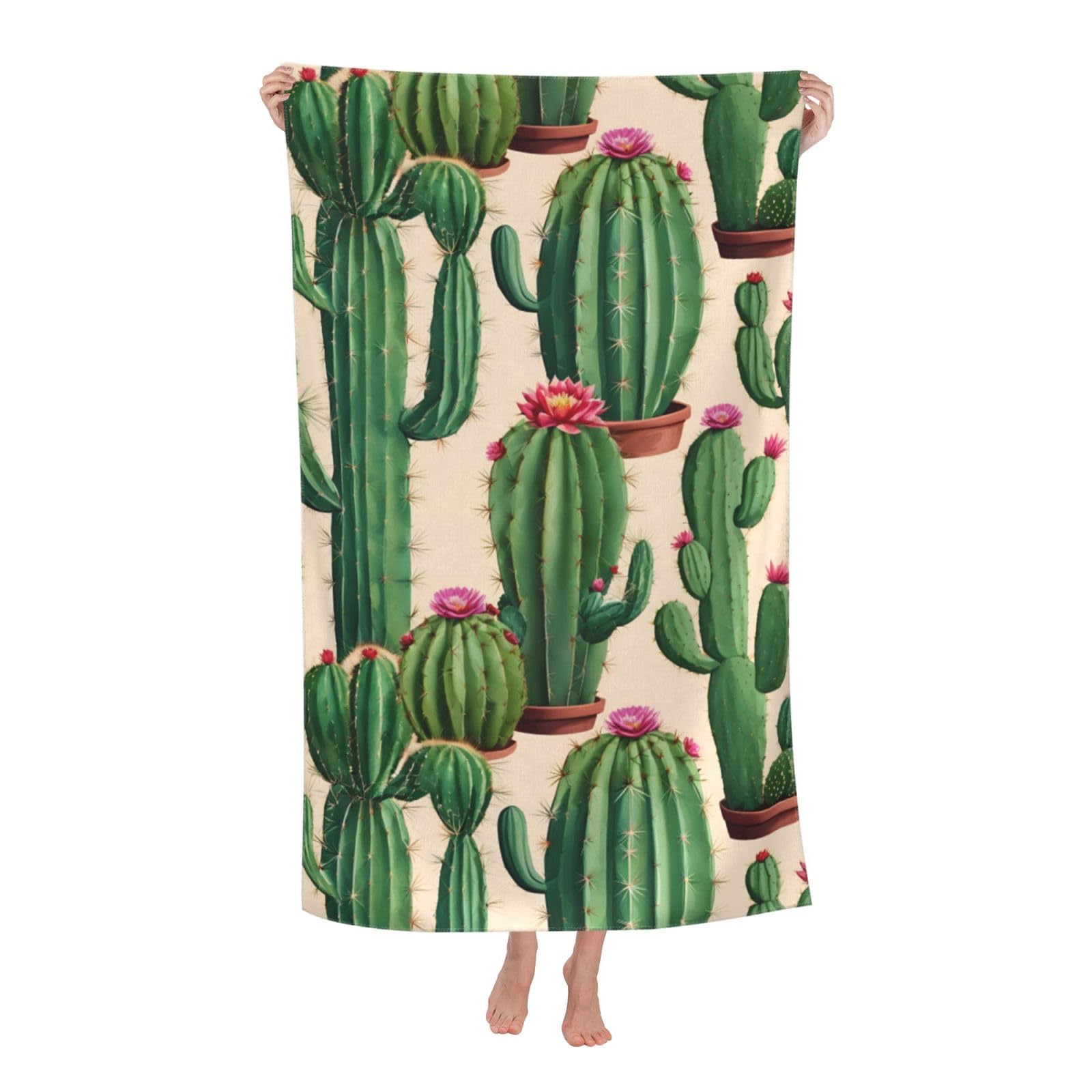 Pojknbv White Cactus Print Oversized Adult Beach Towel Quick-Dry Comfortable Lightweight Travel Pool Camping