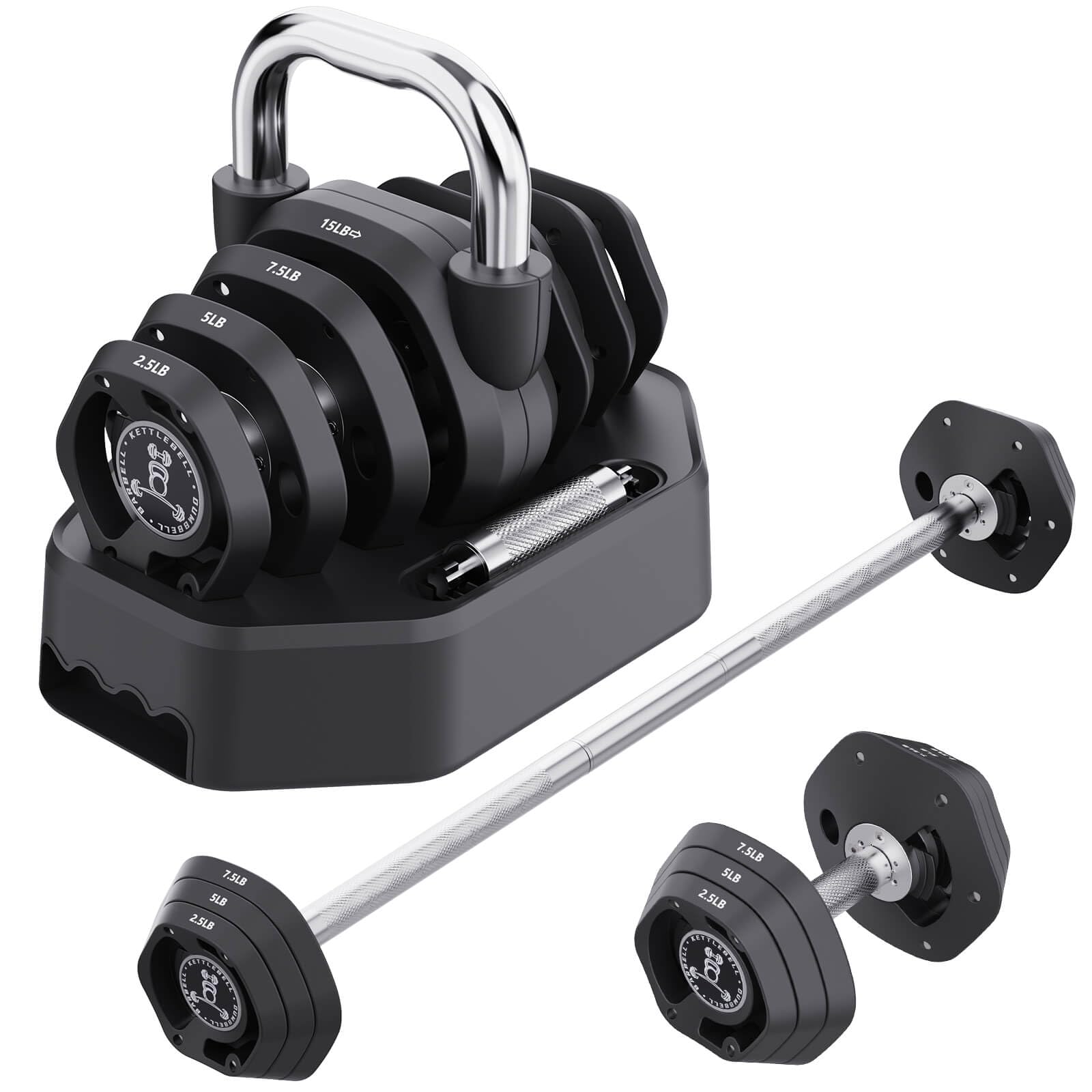 Tepemccu 4-in-1 Adjustable Kettlebell, 5.88-45lbs Kettlebells Weight Set, Free Weight Kettlebell Used as Dumbbell, Barbell for Home Gym Full Body Workout (Black)