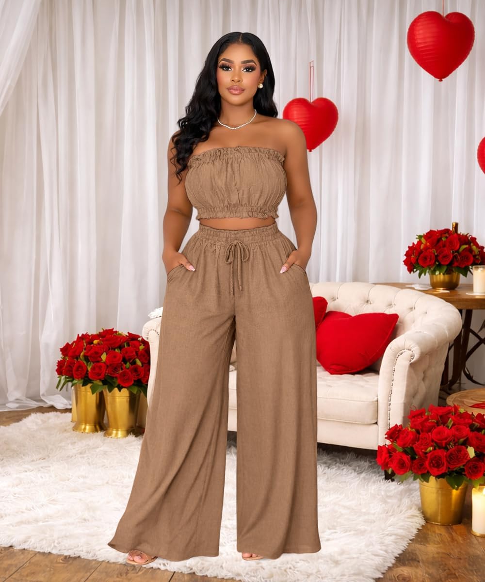 Two Piece Sets for Women Going Out Off Shoulder Crop Tube Tops Wide Leg Pants Set Vacation Date Night Birthday Outfits