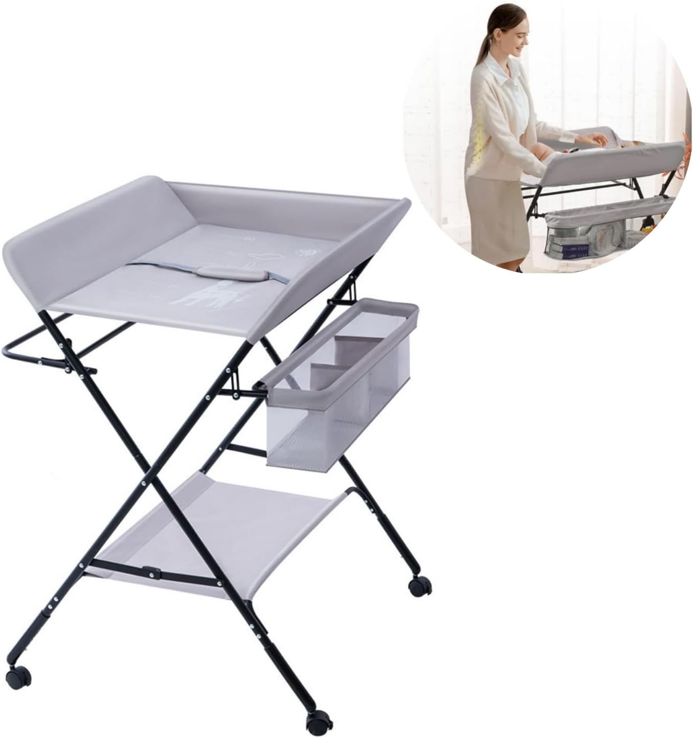 SKY-TOUCH Portable Baby Changing Table Dresser, Foldable Changing Table with Wheels, Bottom Rack, Side Basket and Clothes Rail, Newborns & Infant Care Massage (Grey)