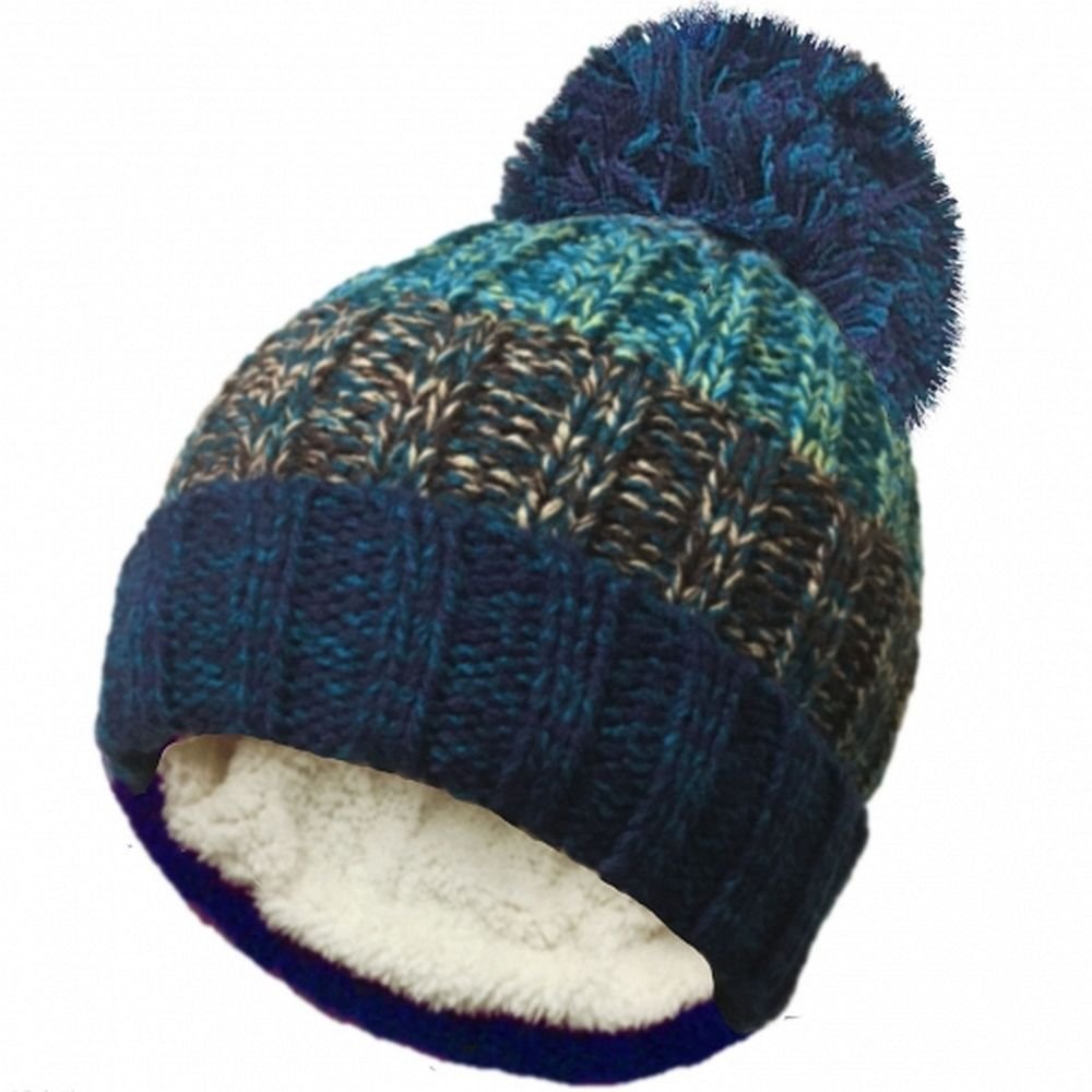 RockJock Unisex Cable Knitted Stripe Ski Hats with Large Pom Pom (Blues)